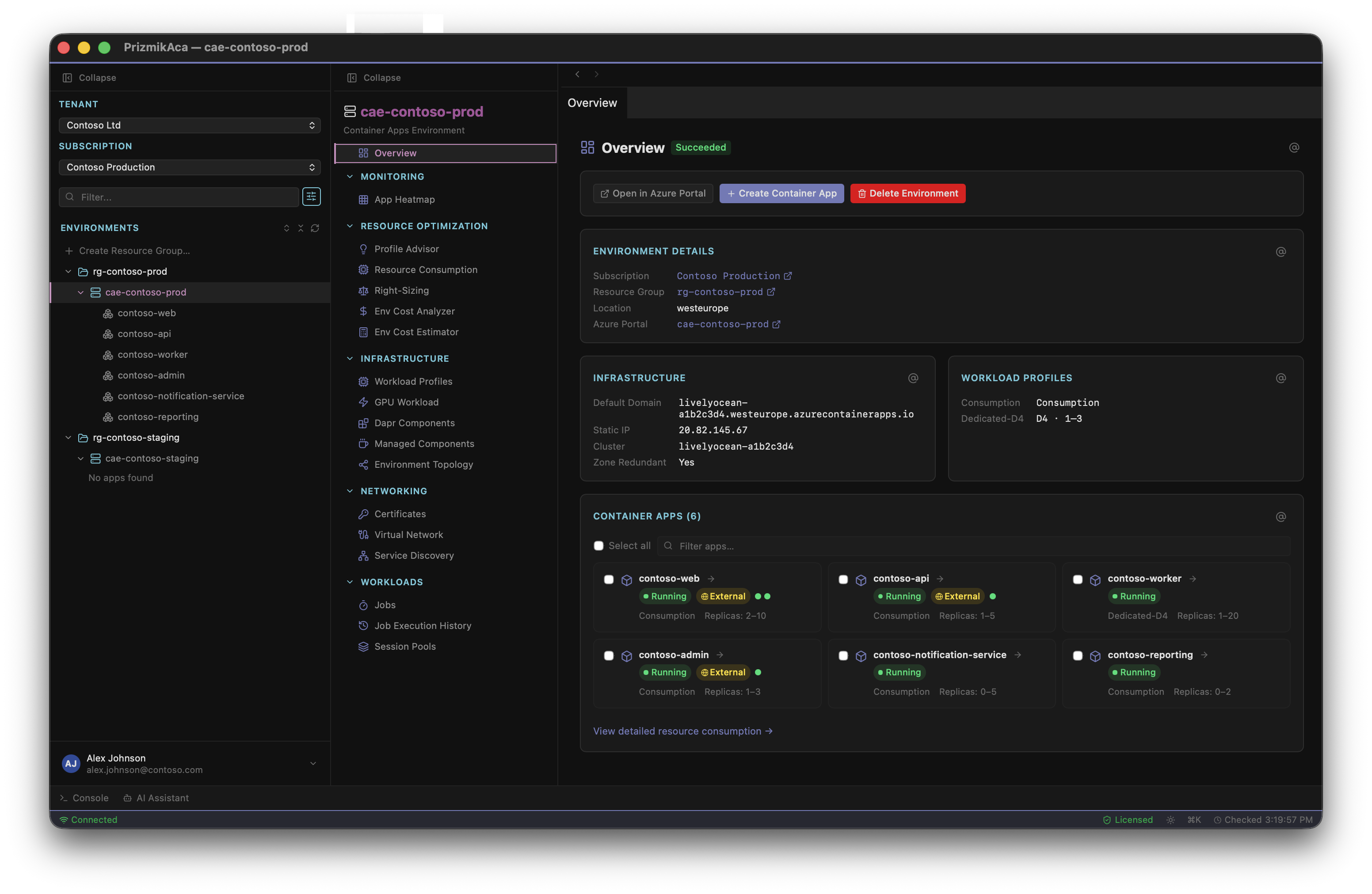PrizmikAca — Overview dashboard showing Contoso Production environment with container apps, ingress, traffic split, and resource details