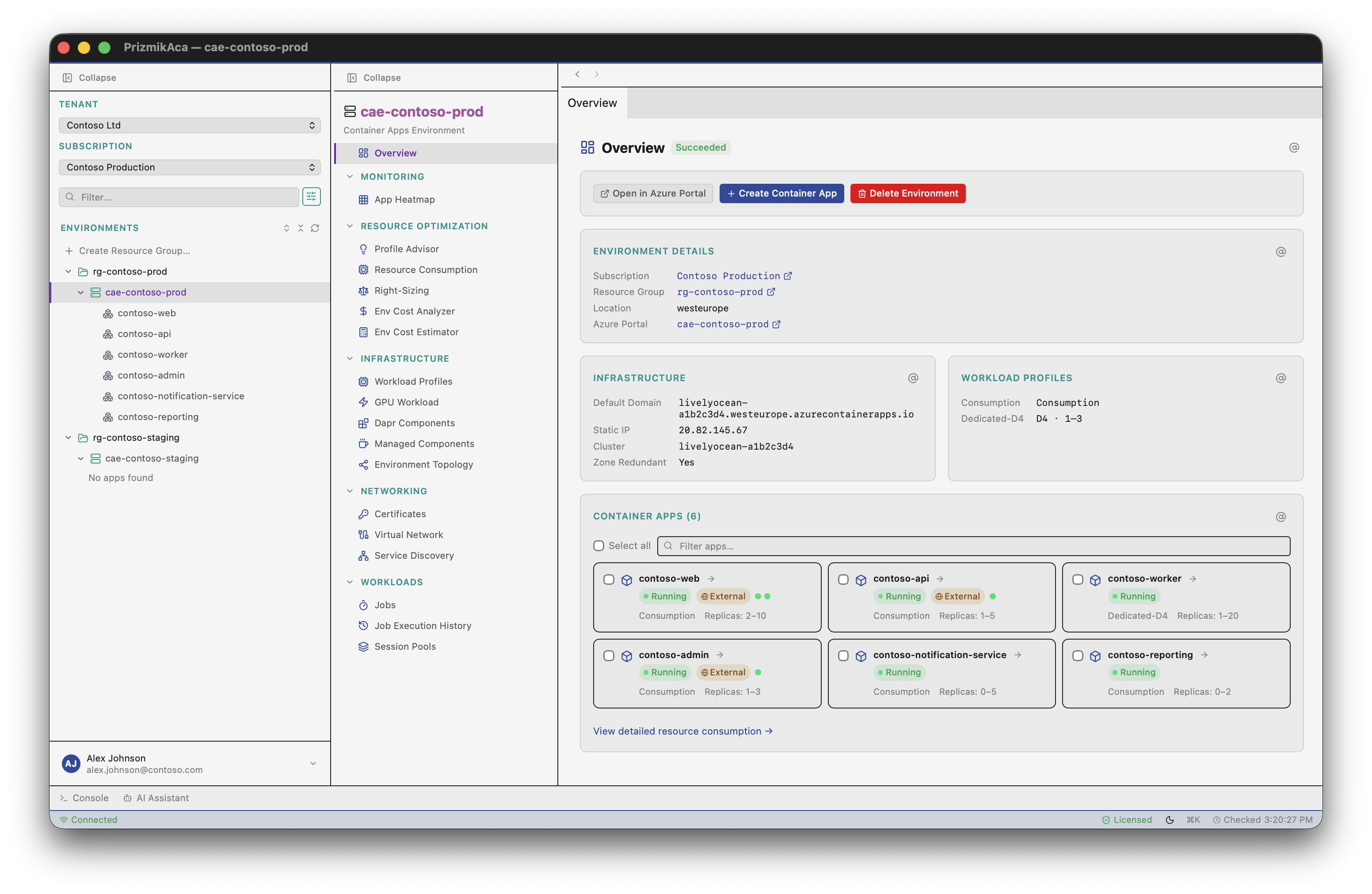 PrizmikAca — Overview dashboard showing Contoso Production environment with container apps, ingress, traffic split, and resource details