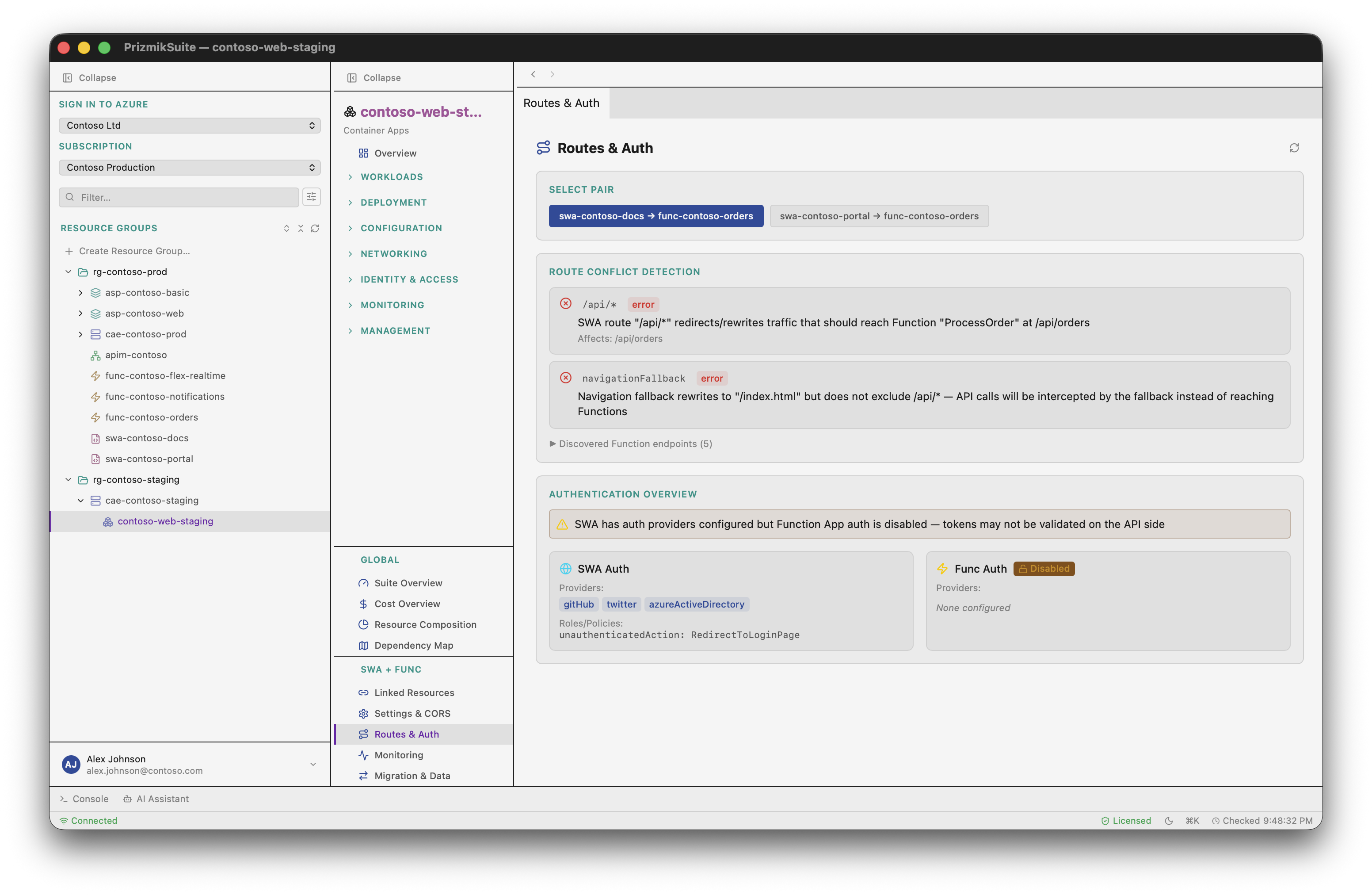 Route conflict detection between SWA and Functions