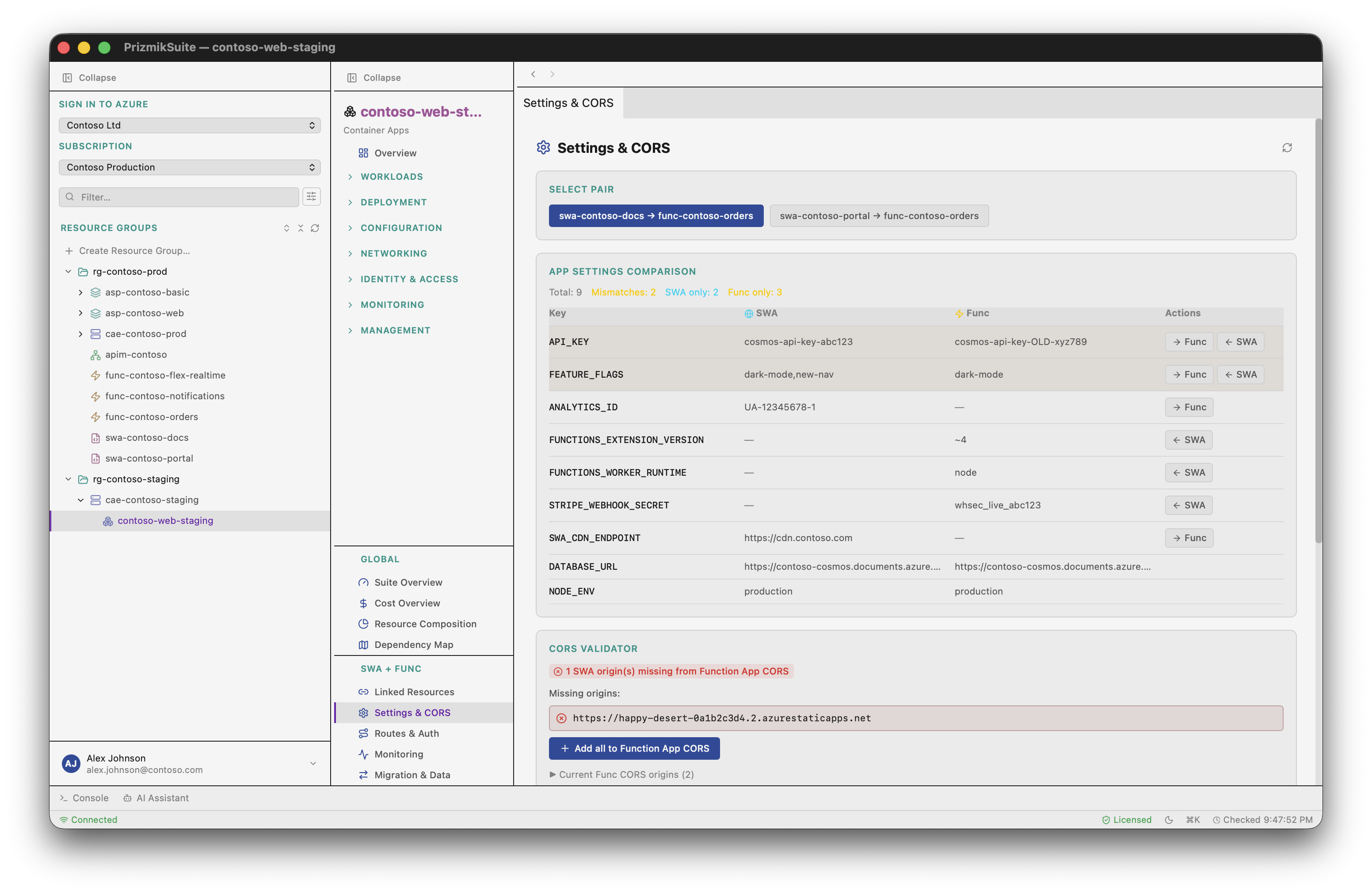 SWA + Func settings diff and CORS validation