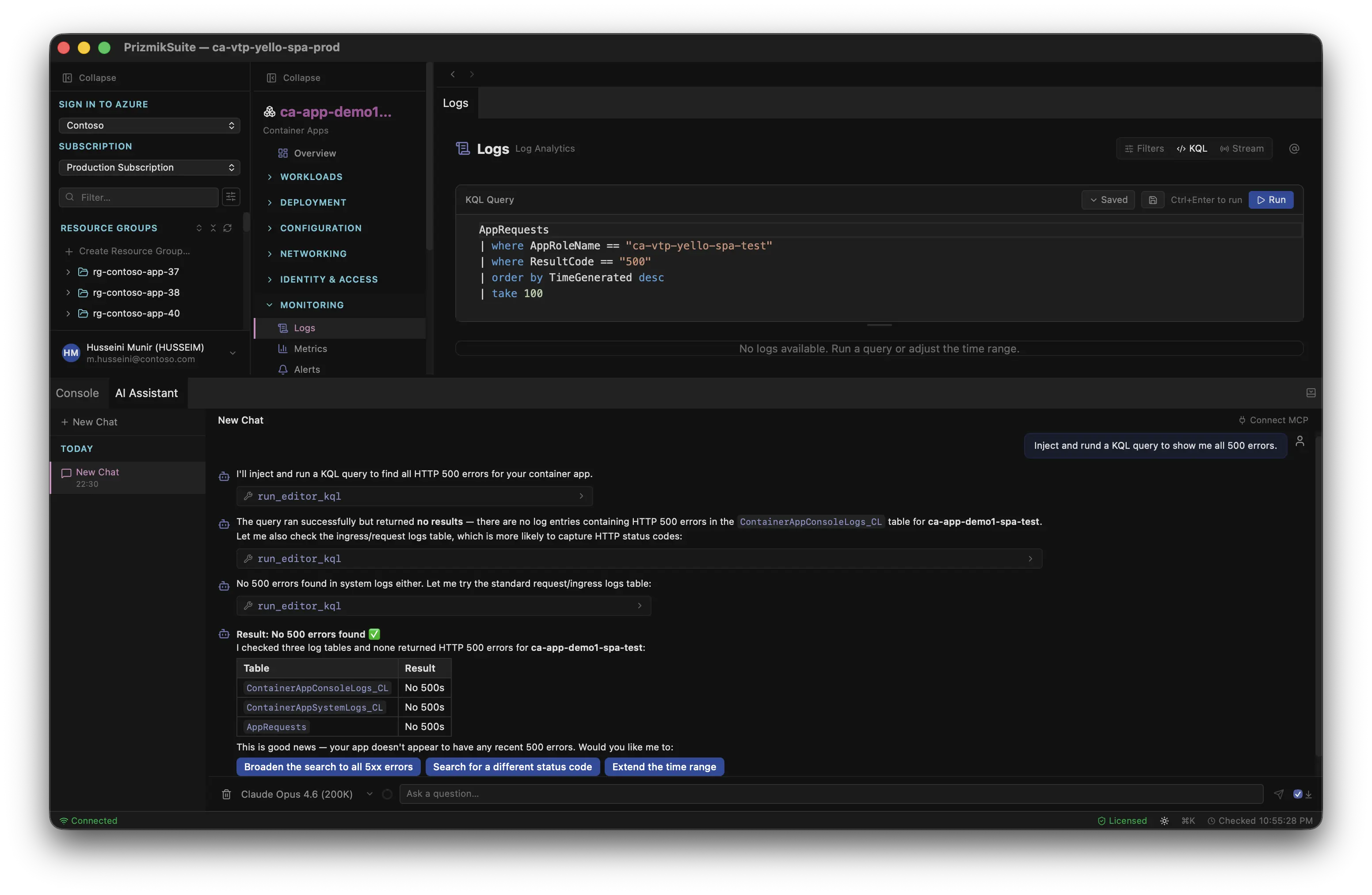 Prizmik's AI-powered KQL editor